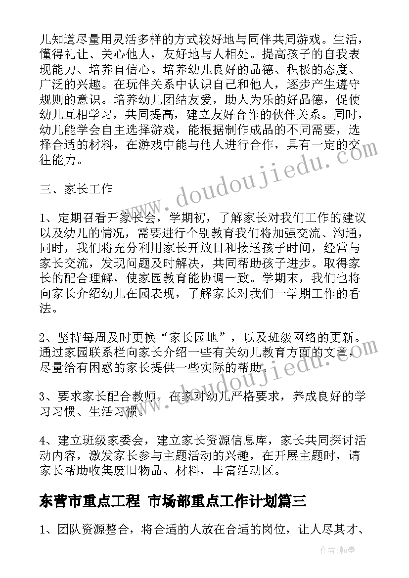 最新东营市重点工程 市场部重点工作计划(通用5篇)