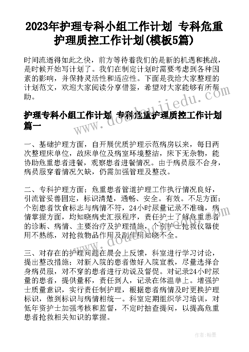 2023年护理专科小组工作计划 专科危重护理质控工作计划(模板5篇)