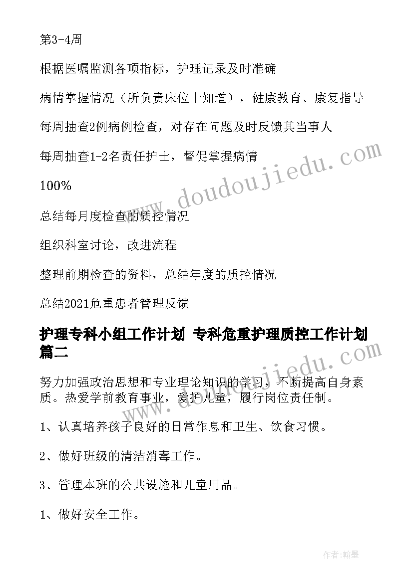 2023年护理专科小组工作计划 专科危重护理质控工作计划(模板5篇)