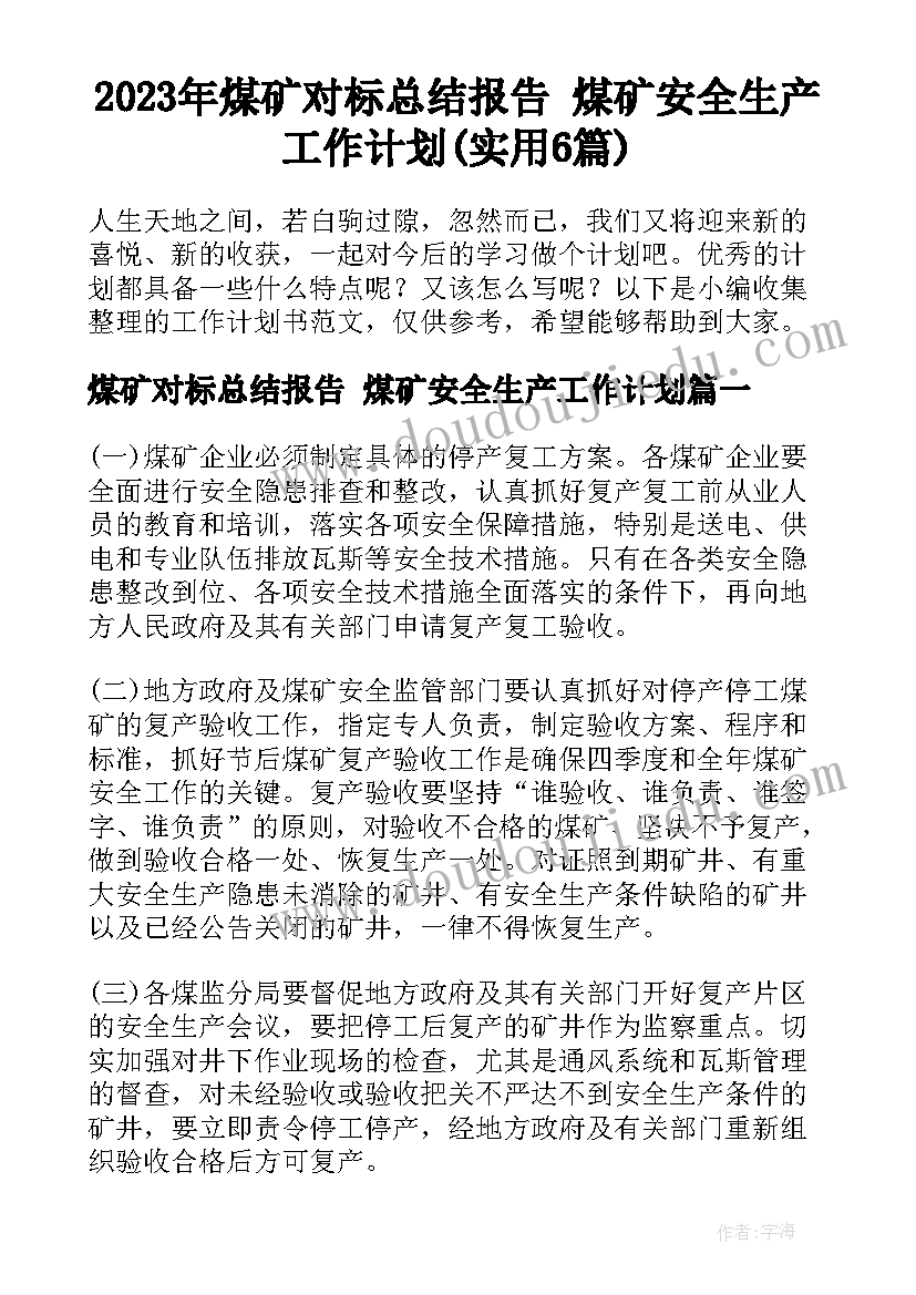 2023年煤矿对标总结报告 煤矿安全生产工作计划(实用6篇)