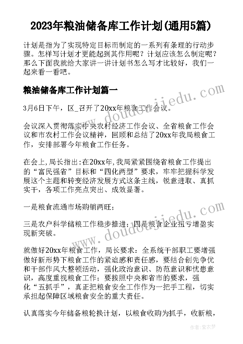 2023年粮油储备库工作计划(通用5篇)