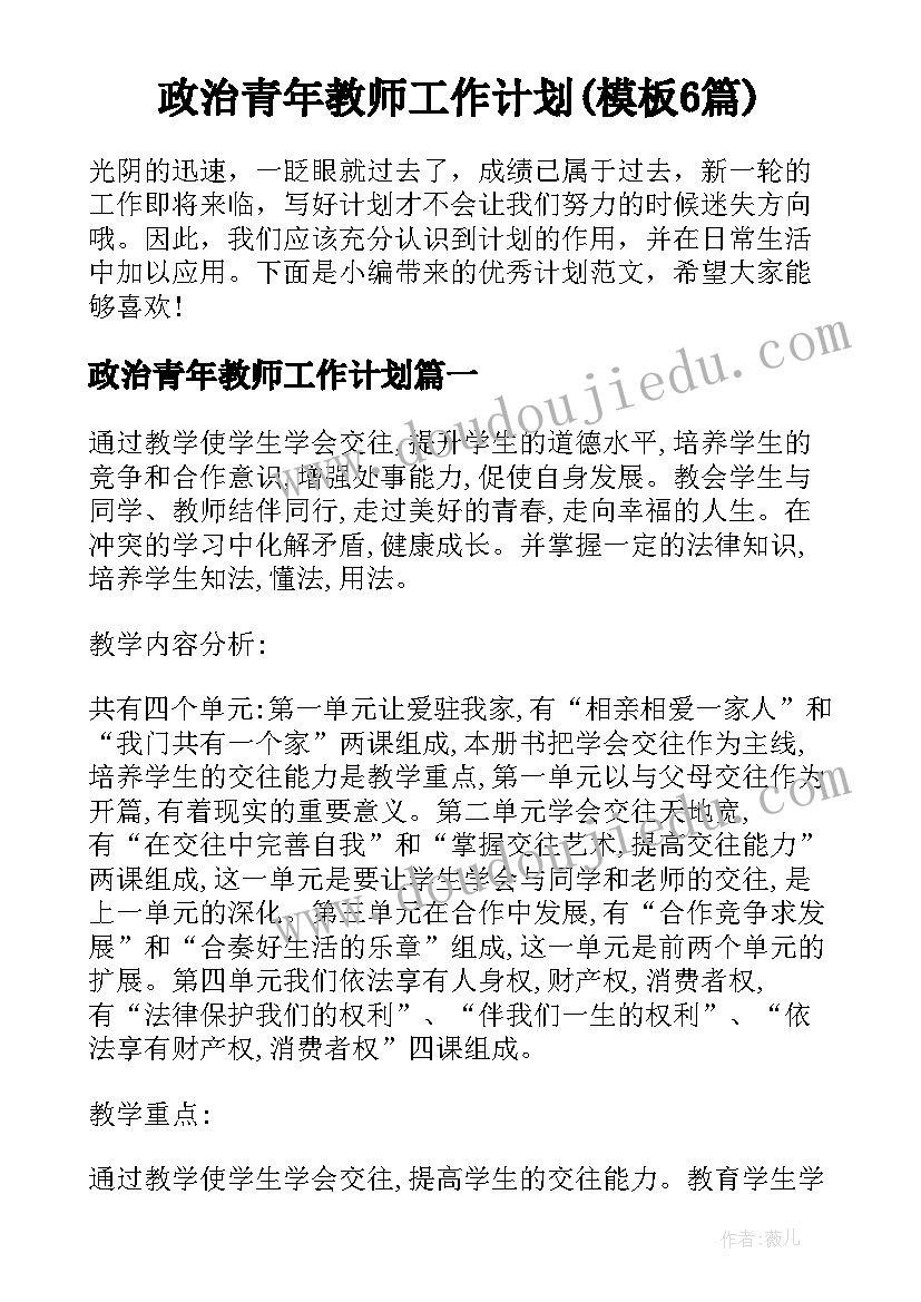 政治青年教师工作计划(模板6篇)