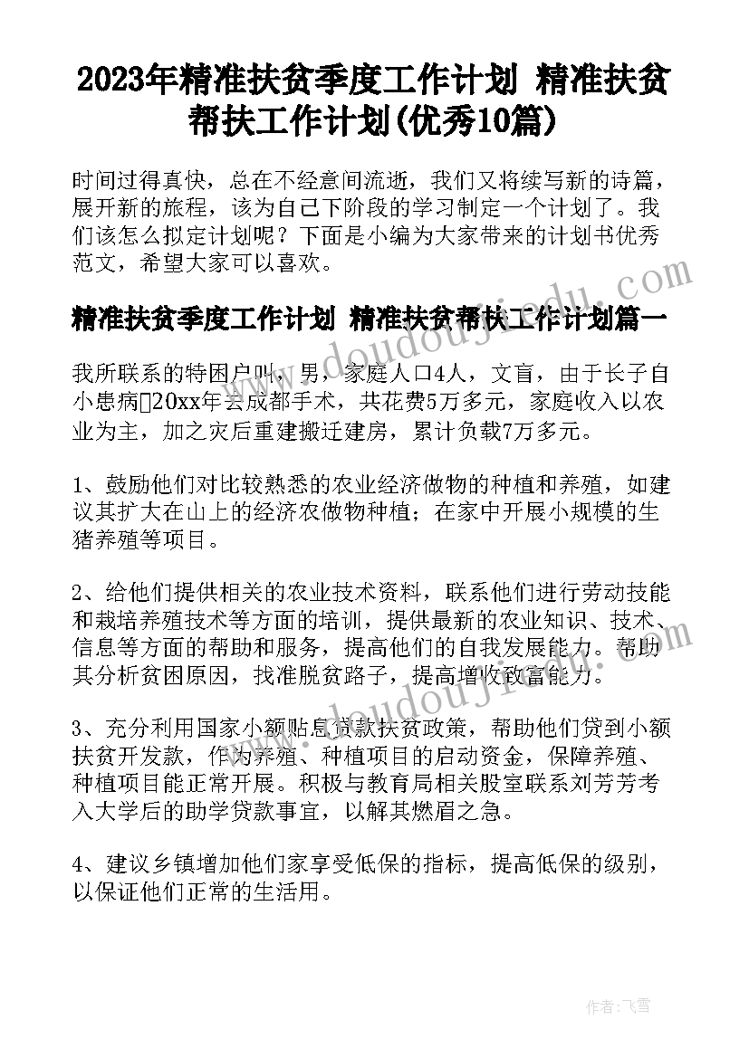 2023年精准扶贫季度工作计划 精准扶贫帮扶工作计划(优秀10篇)