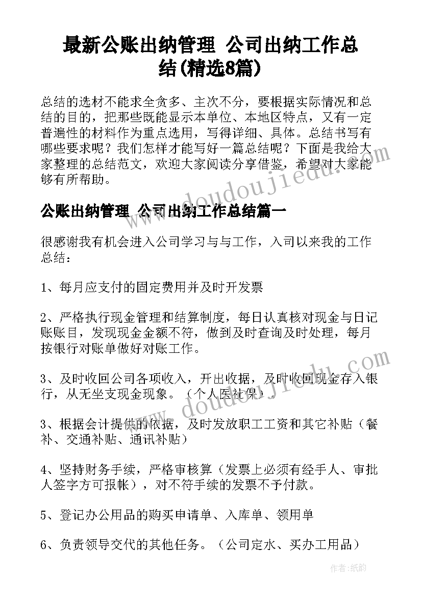 最新公账出纳管理 公司出纳工作总结(精选8篇)