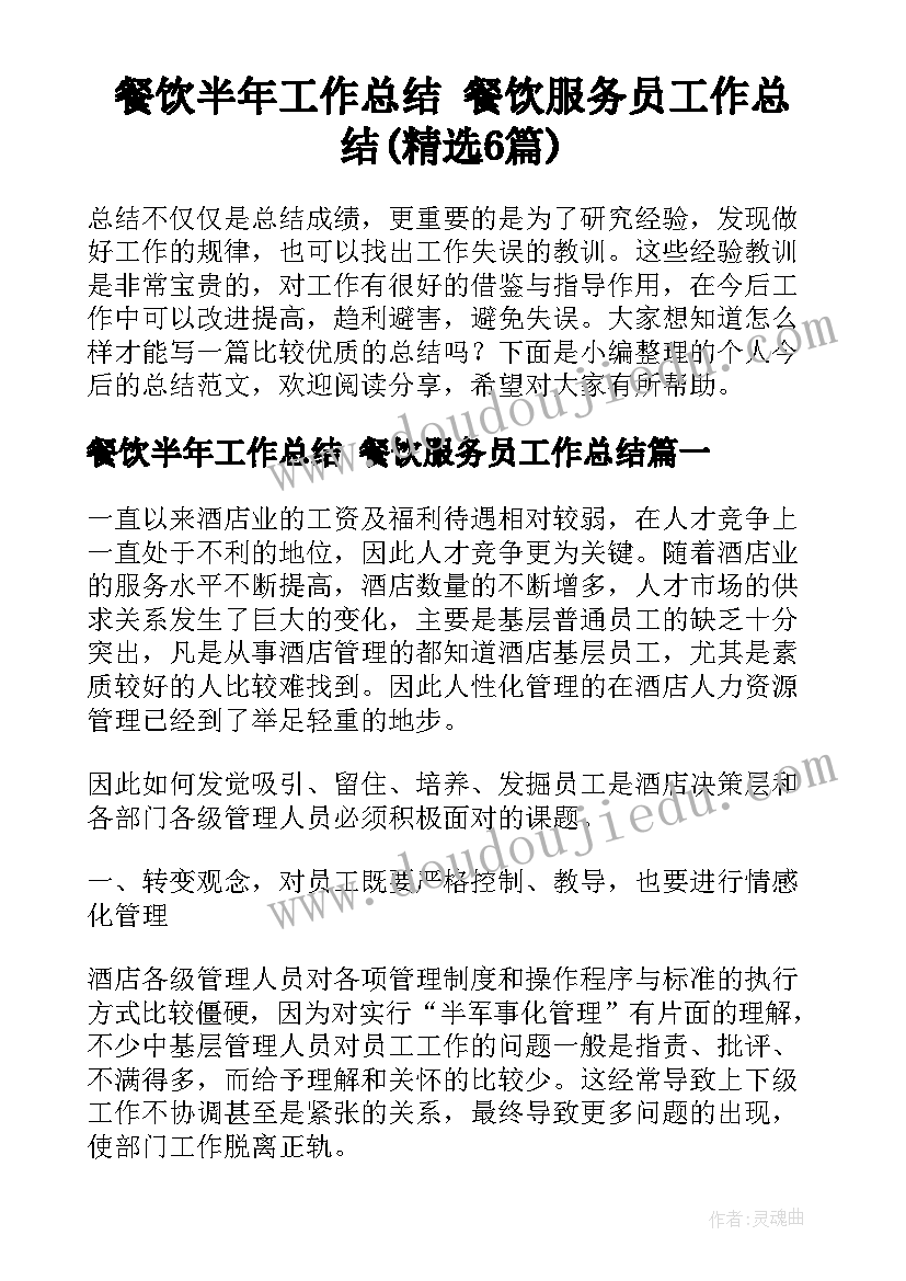 餐饮半年工作总结 餐饮服务员工作总结(精选6篇)