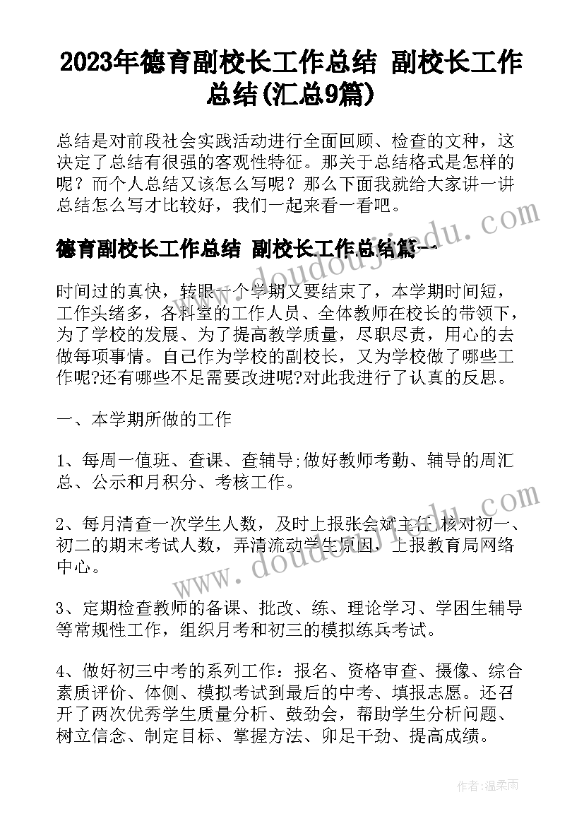 2023年德育副校长工作总结 副校长工作总结(汇总9篇)