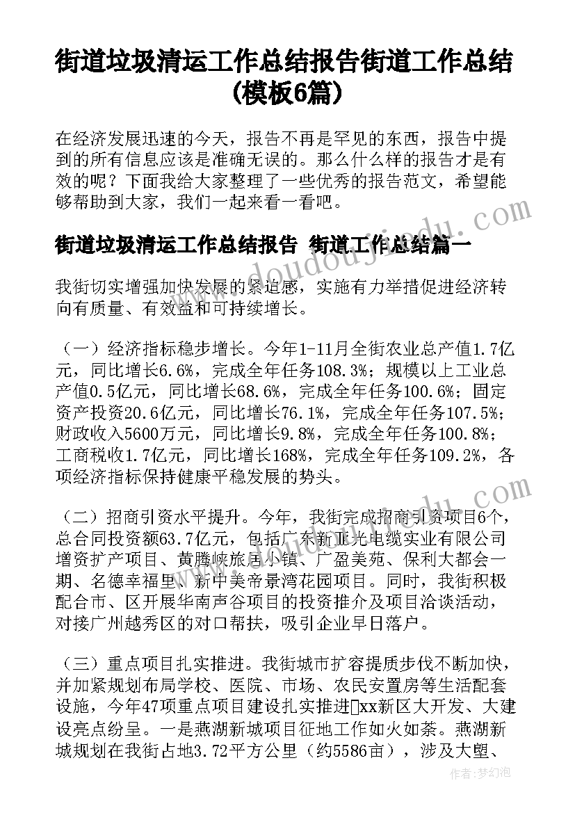 街道垃圾清运工作总结报告 街道工作总结(模板6篇)