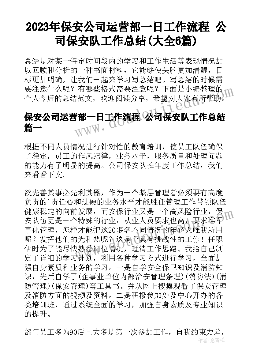 2023年保安公司运营部一日工作流程 公司保安队工作总结(大全6篇)