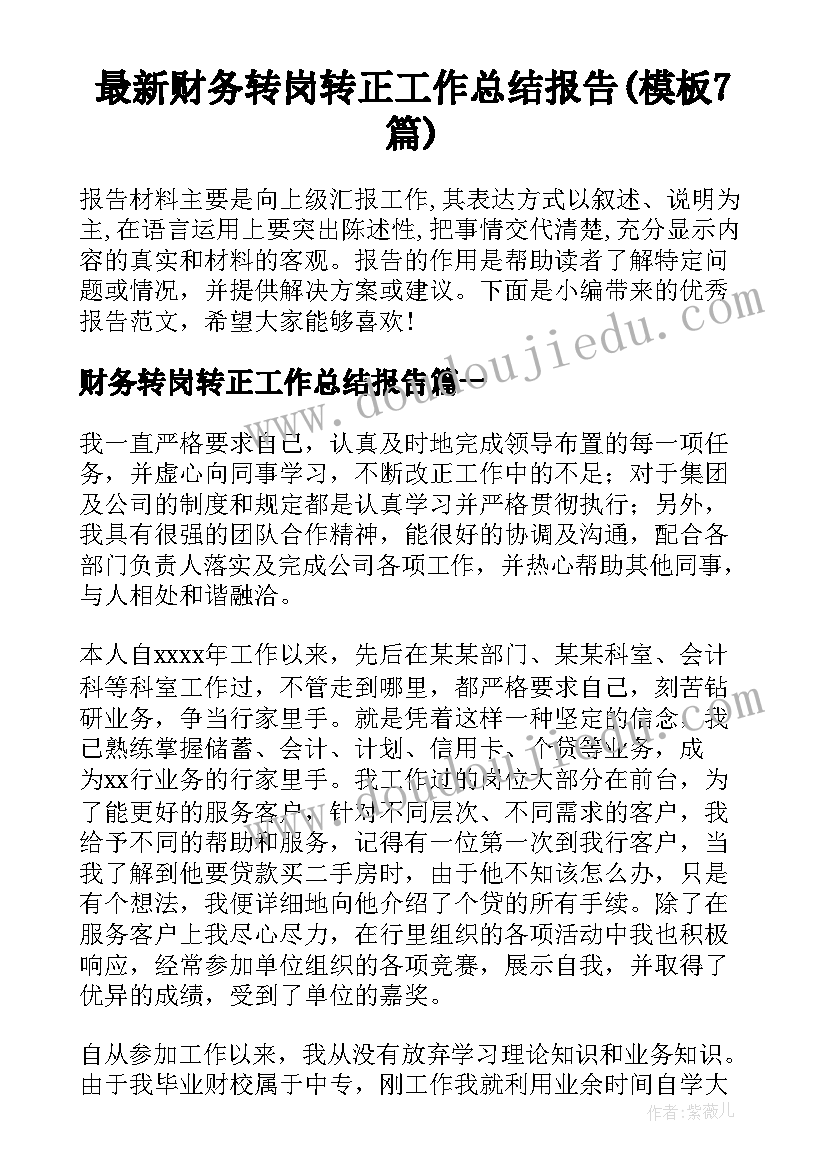 最新财务转岗转正工作总结报告(模板7篇)