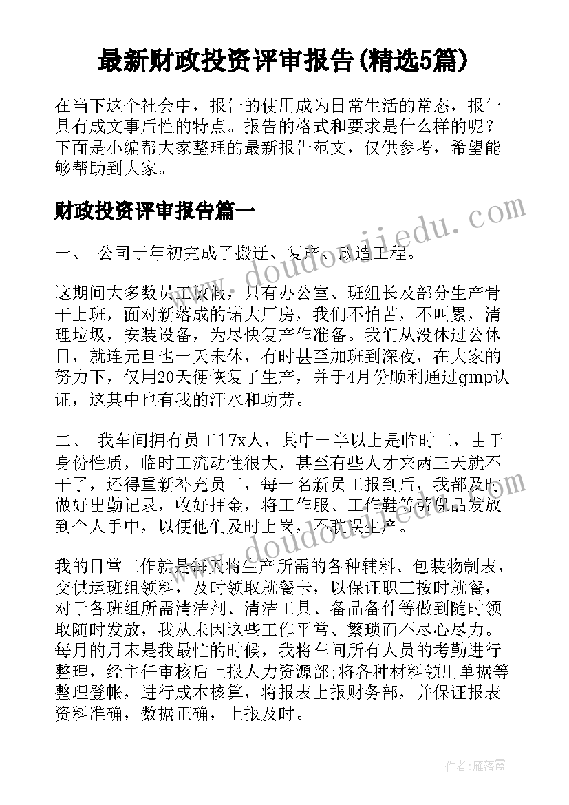 最新财政投资评审报告(精选5篇)