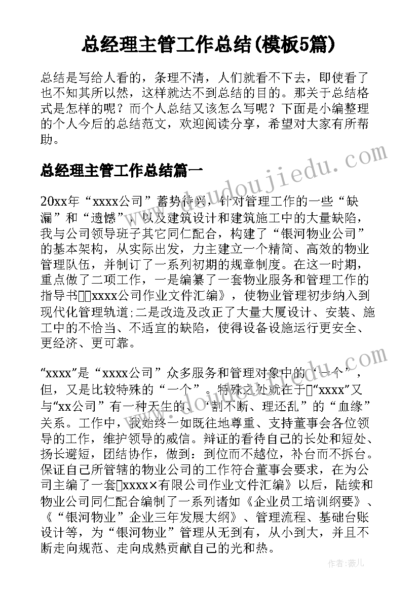 总经理主管工作总结(模板5篇)