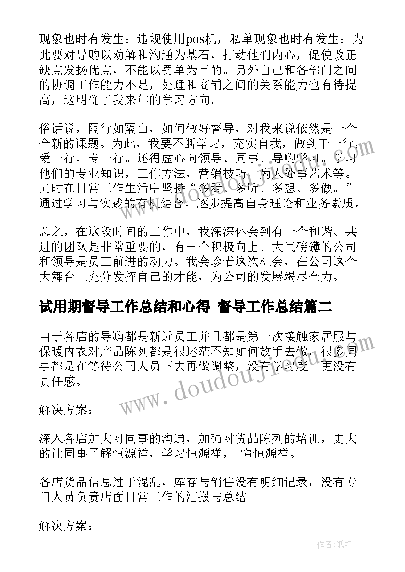 最新试用期督导工作总结和心得 督导工作总结(通用6篇)