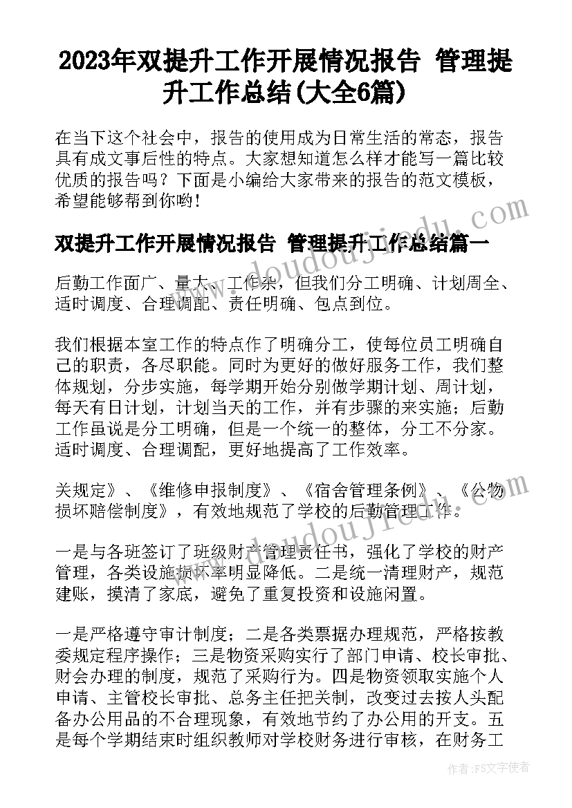 2023年双提升工作开展情况报告 管理提升工作总结(大全6篇)