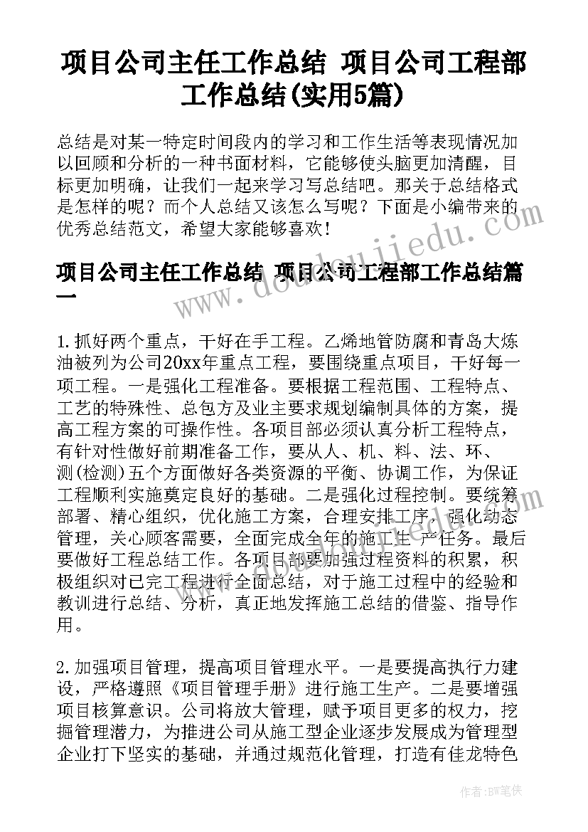 项目公司主任工作总结 项目公司工程部工作总结(实用5篇)