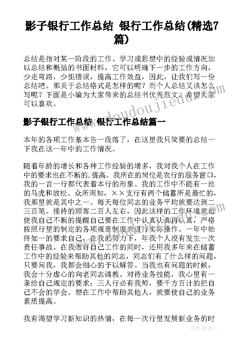 影子银行工作总结 银行工作总结(精选7篇)