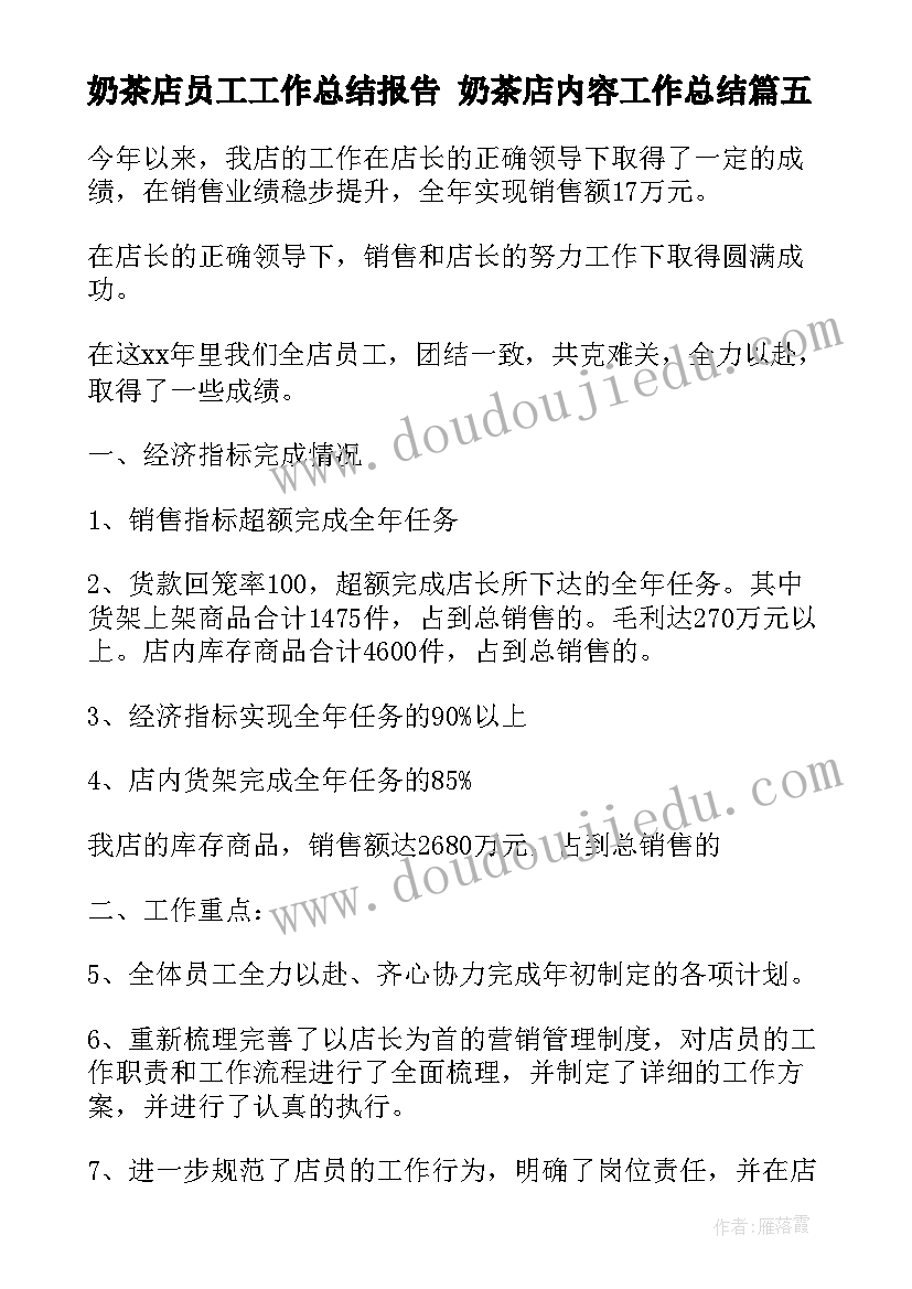 2023年奶茶店员工工作总结报告 奶茶店内容工作总结(实用5篇)