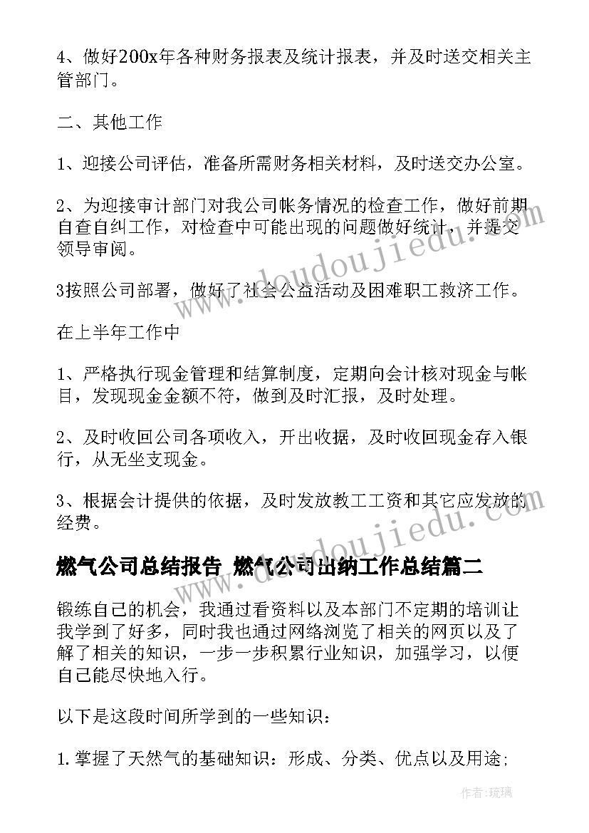 最新燃气公司总结报告 燃气公司出纳工作总结(精选5篇)