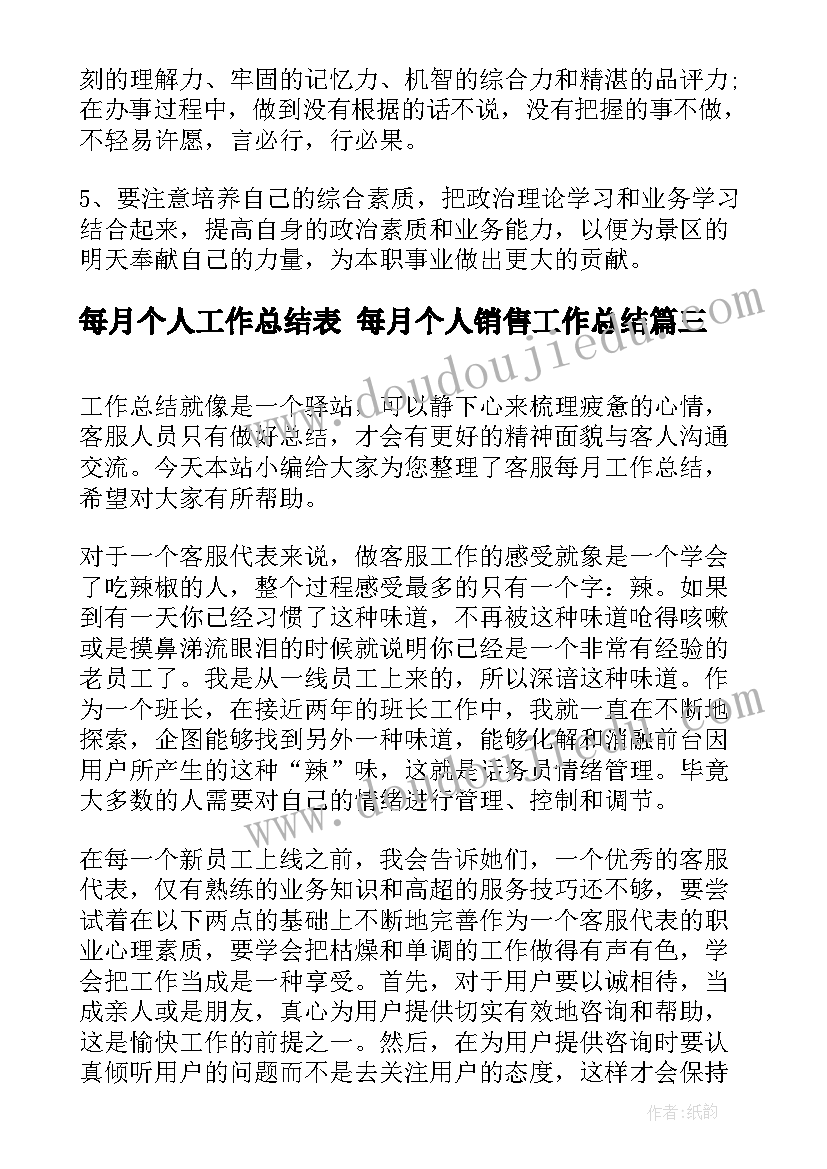 每月个人工作总结表 每月个人销售工作总结(通用6篇)