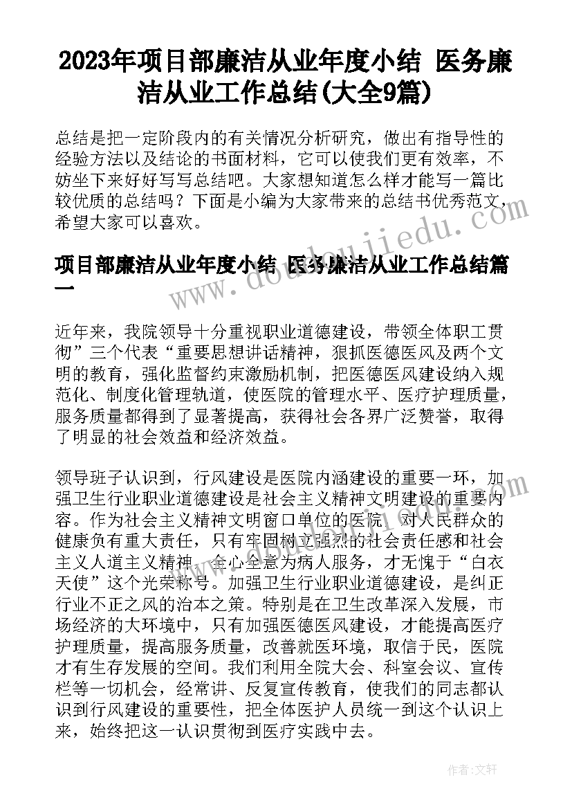 2023年项目部廉洁从业年度小结 医务廉洁从业工作总结(大全9篇)