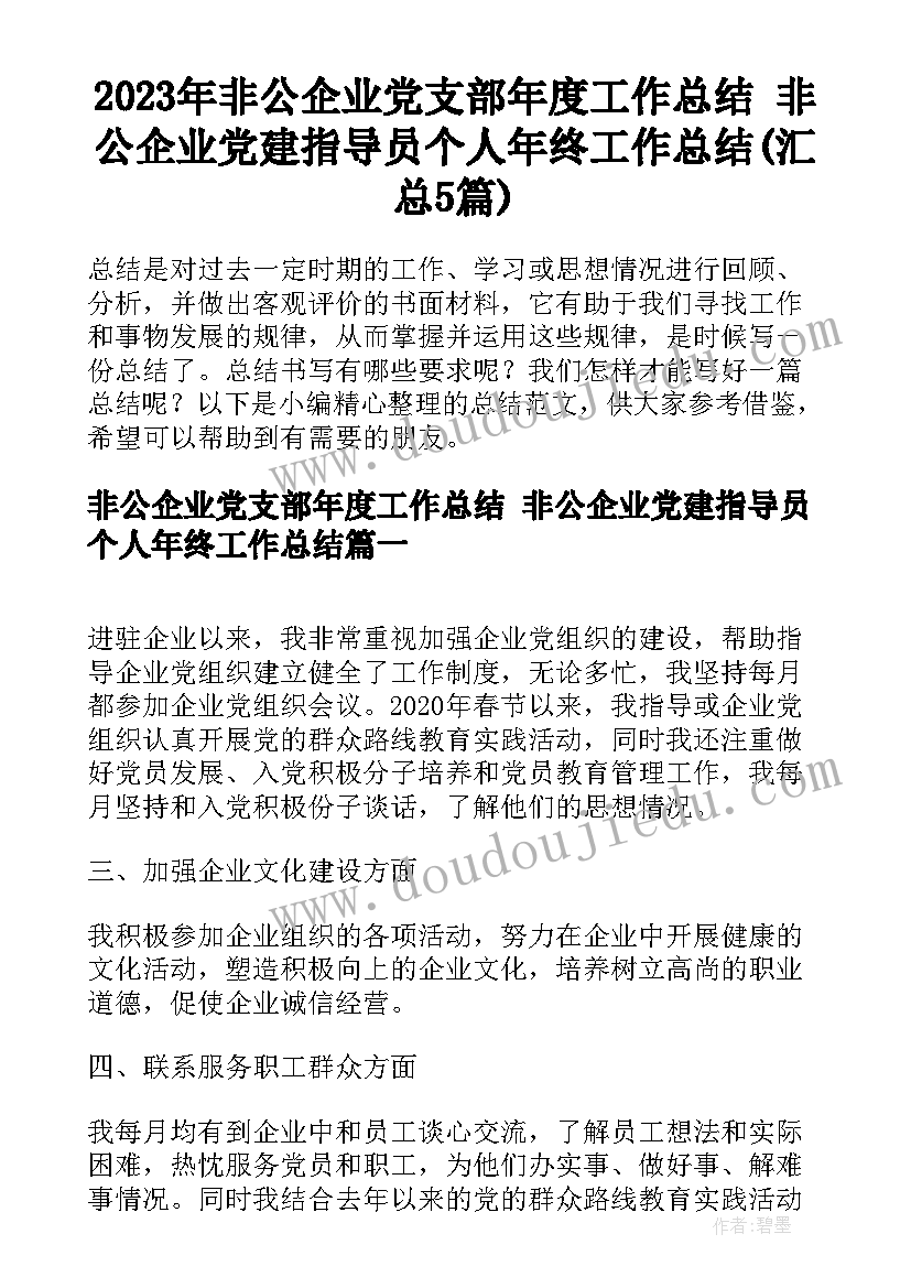 2023年非公企业党支部年度工作总结 非公企业党建指导员个人年终工作总结(汇总5篇)