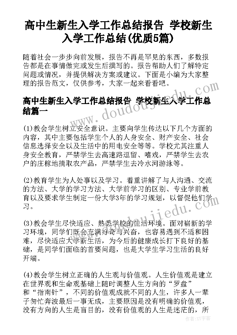 高中生新生入学工作总结报告 学校新生入学工作总结(优质5篇)