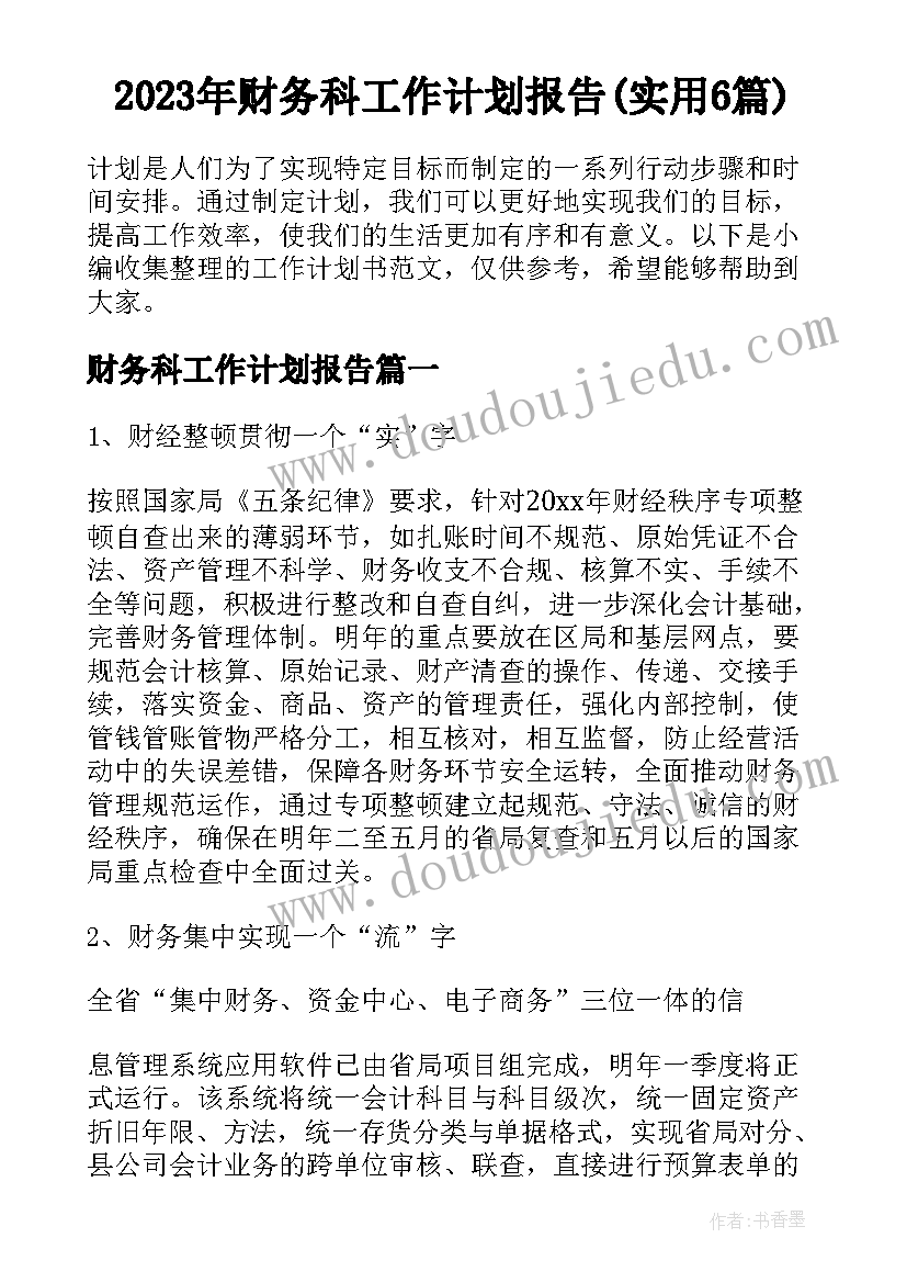 2023年财务科工作计划报告(实用6篇)