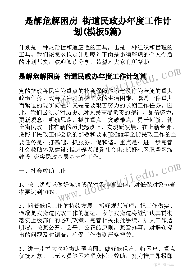 是解危解困房 街道民政办年度工作计划(模板5篇)