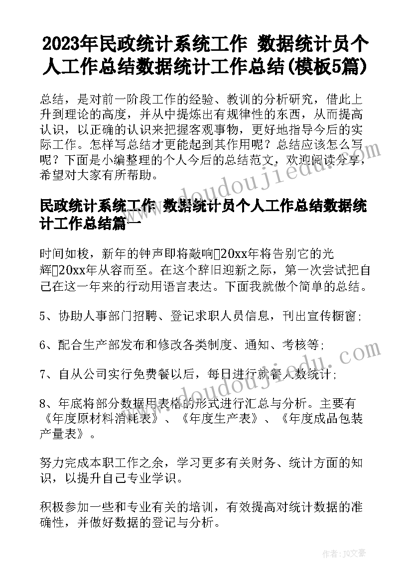 2023年民政统计系统工作 数据统计员个人工作总结数据统计工作总结(模板5篇)