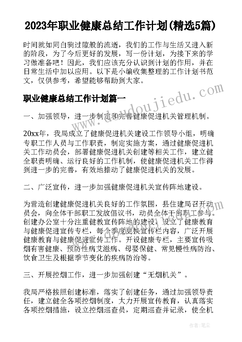 2023年职业健康总结工作计划(精选5篇)