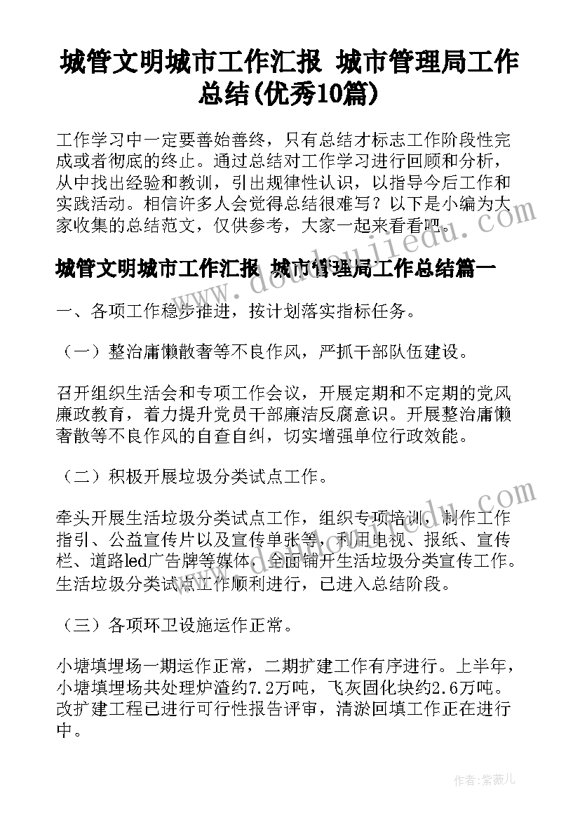 城管文明城市工作汇报 城市管理局工作总结(优秀10篇)