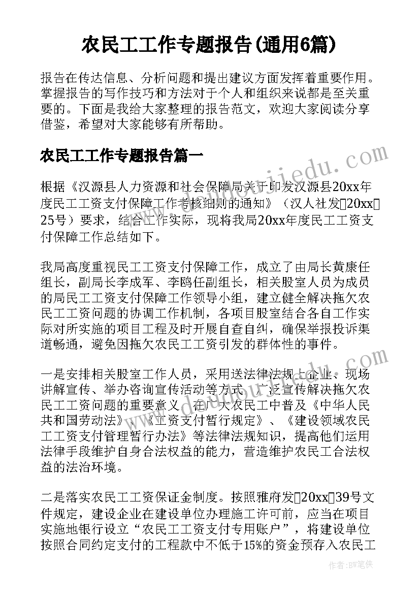 农民工工作专题报告(通用6篇)