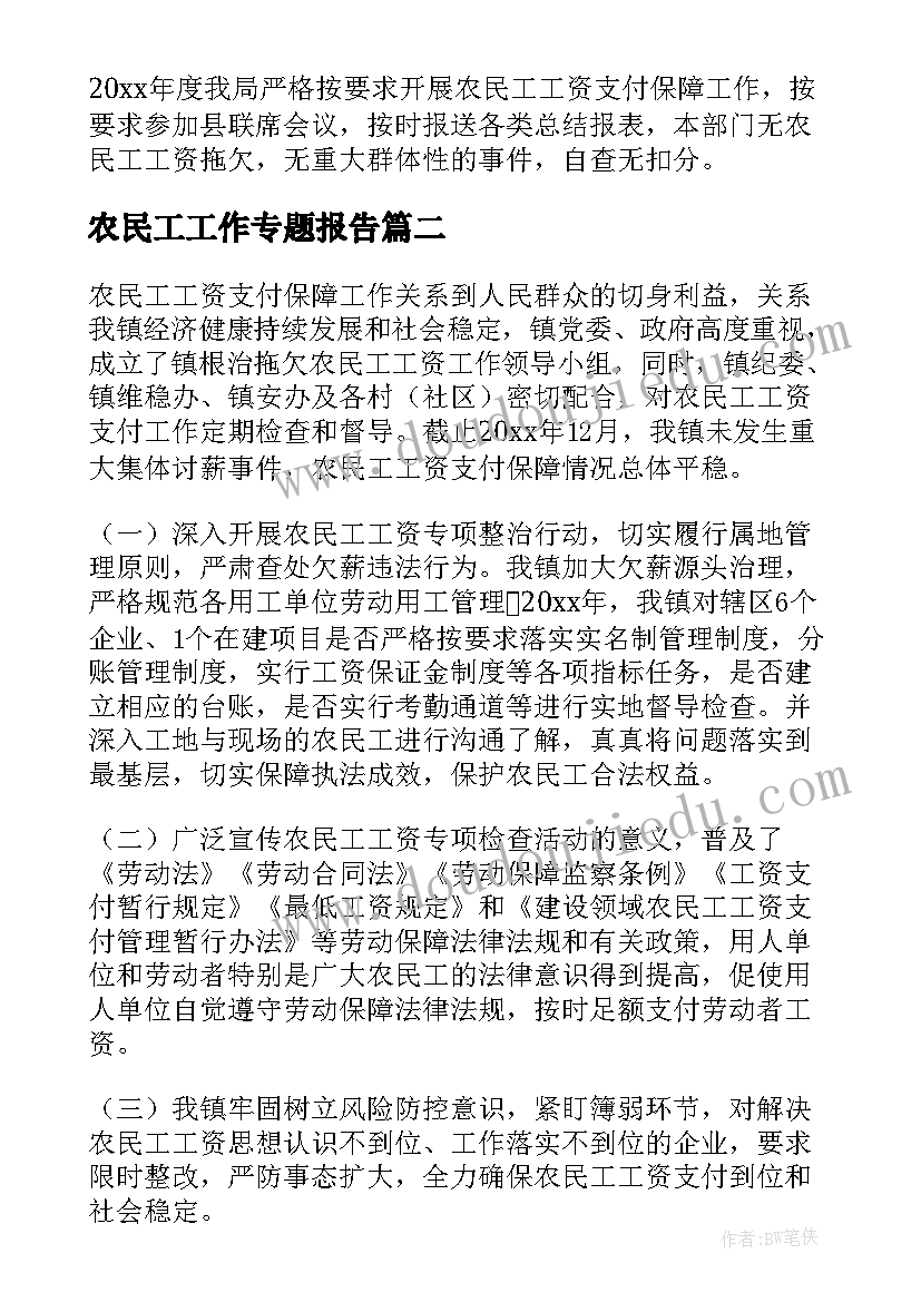 农民工工作专题报告(通用6篇)