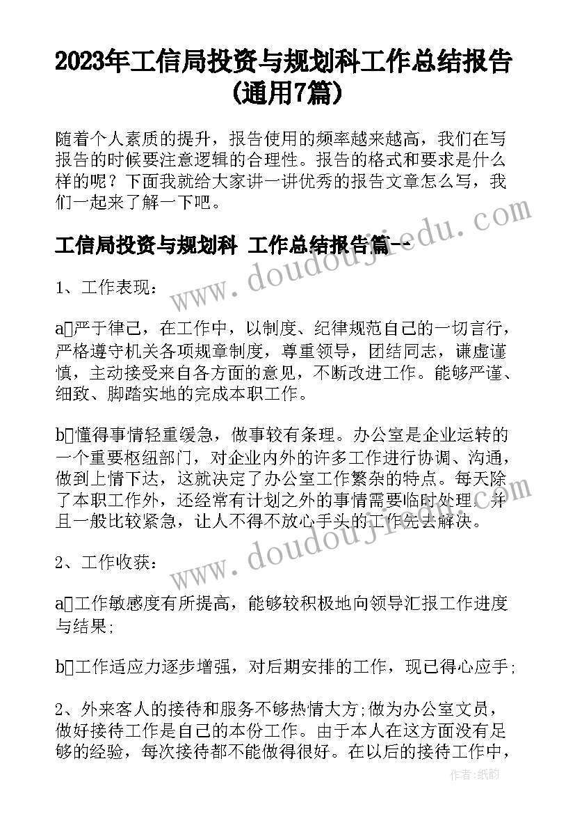 2023年工信局投资与规划科 工作总结报告(通用7篇)