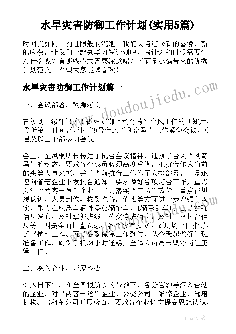 水旱灾害防御工作计划(实用5篇)