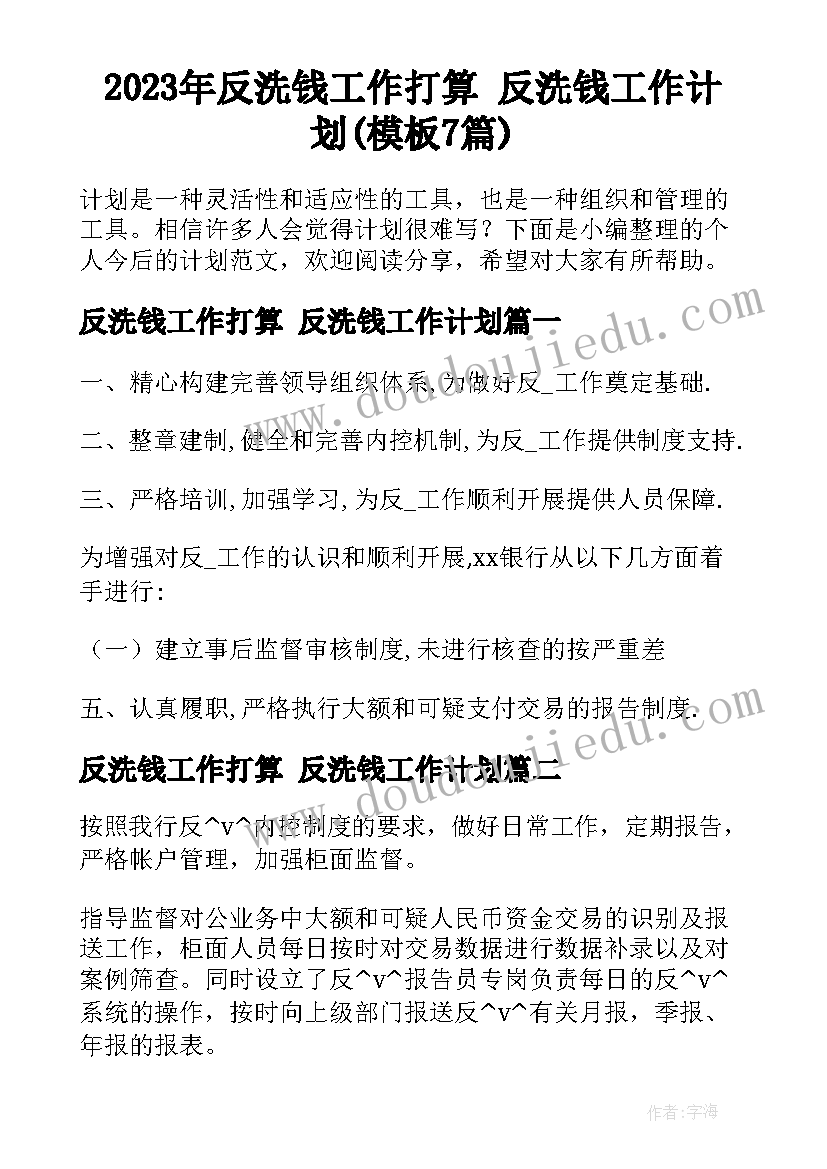 2023年反洗钱工作打算 反洗钱工作计划(模板7篇)