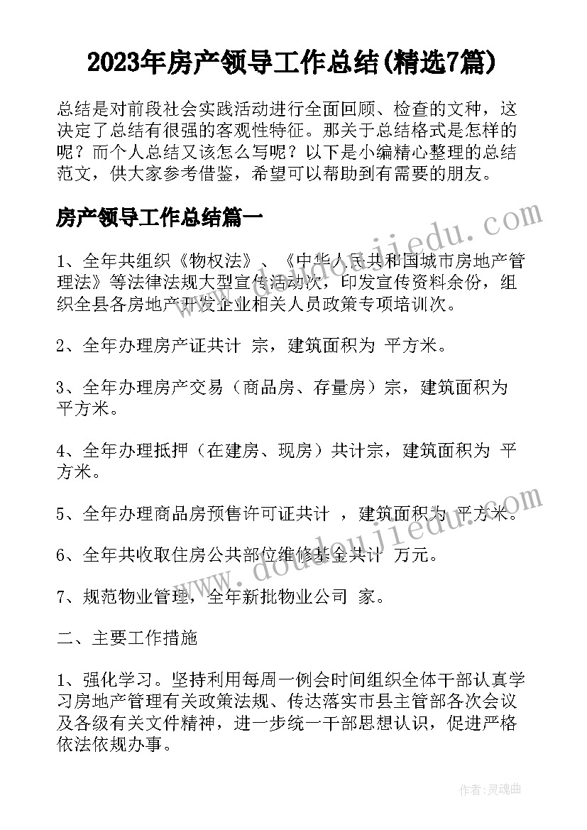 2023年房产领导工作总结(精选7篇)