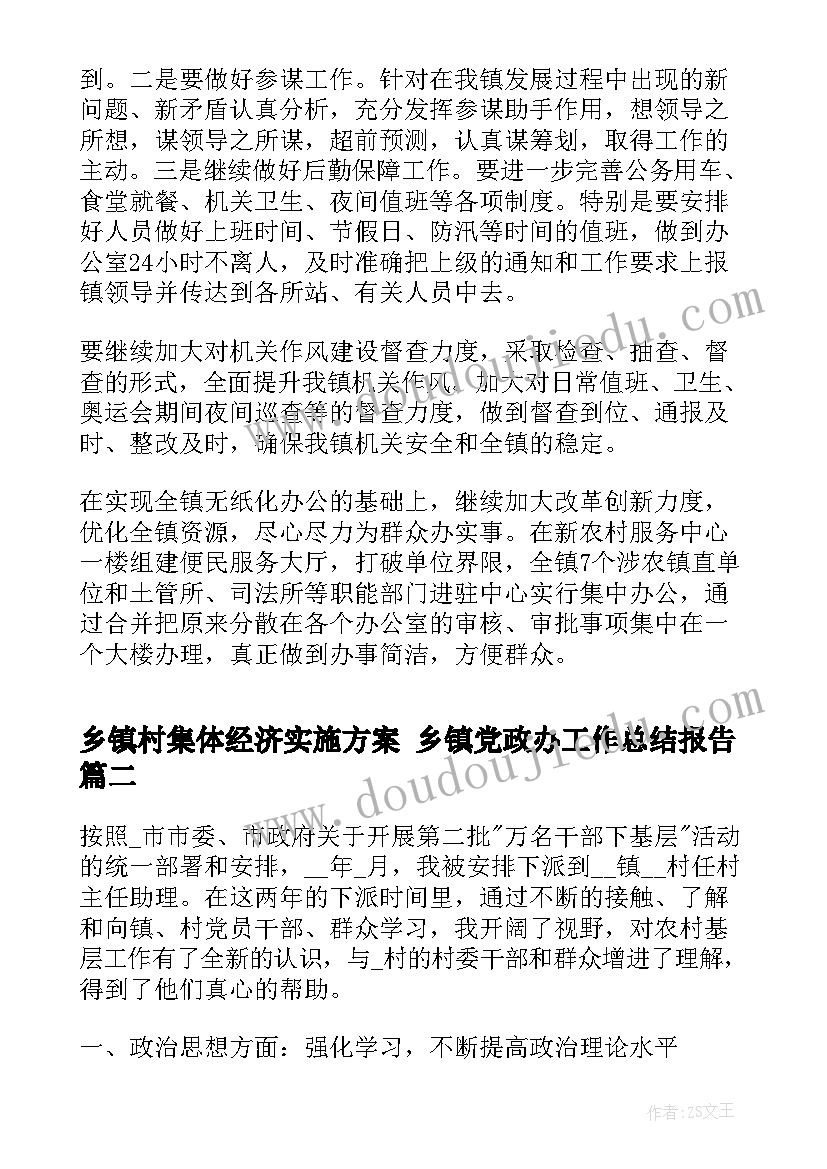 2023年乡镇村集体经济实施方案 乡镇党政办工作总结报告(汇总8篇)