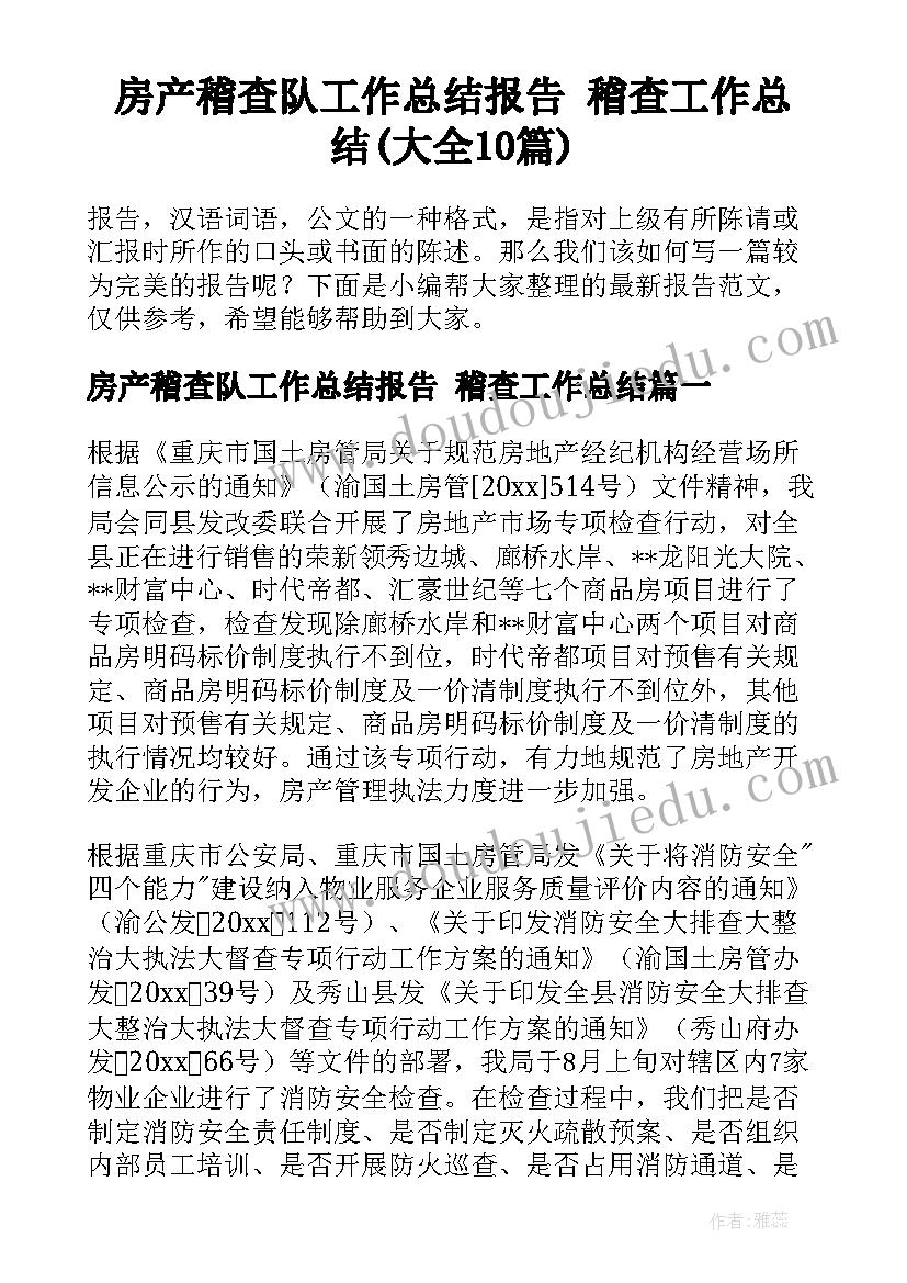 房产稽查队工作总结报告 稽查工作总结(大全10篇)