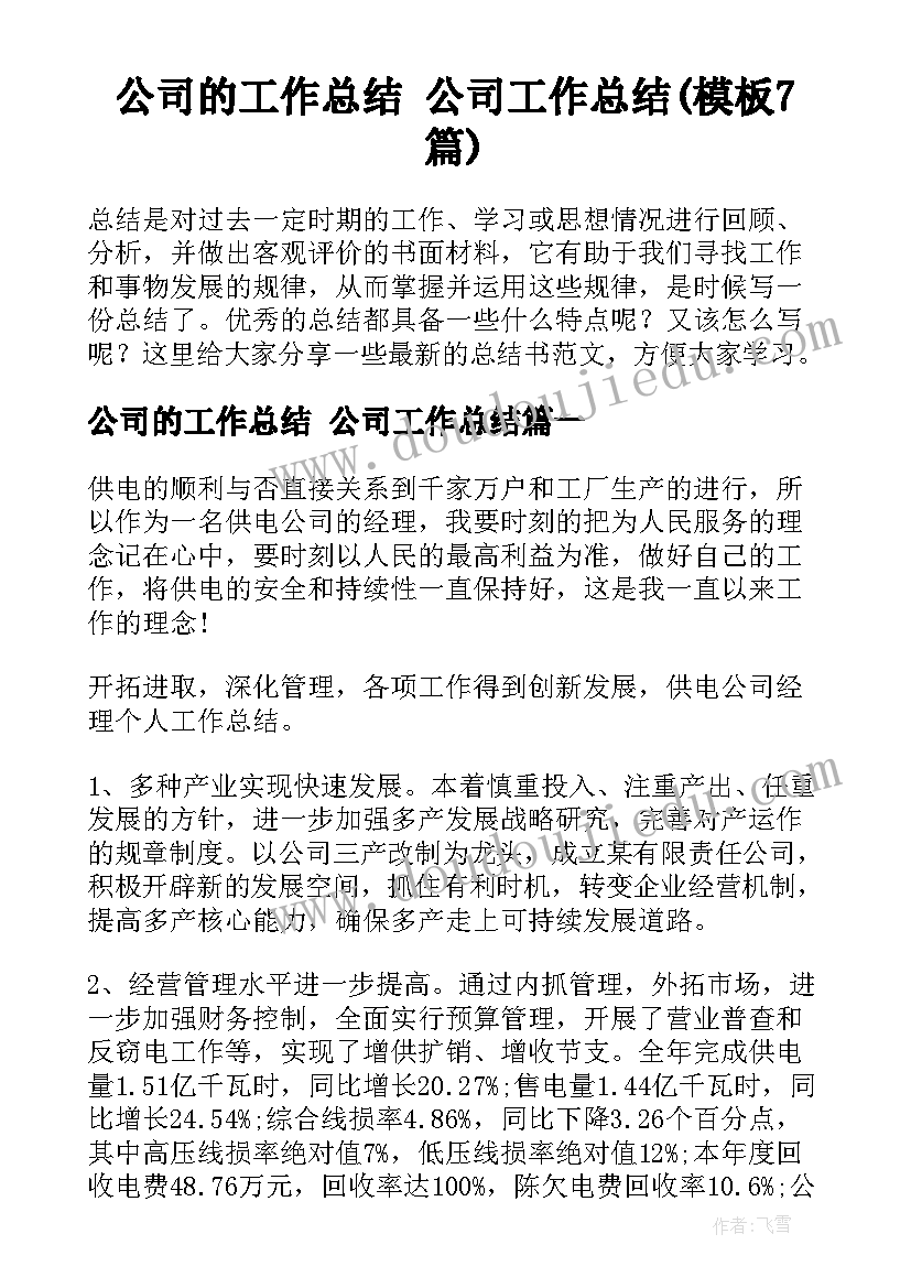 公司的工作总结 公司工作总结(模板7篇)