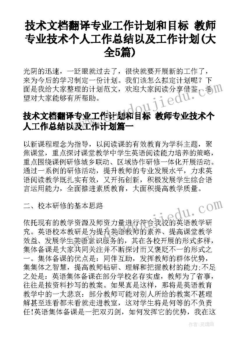 技术文档翻译专业工作计划和目标 教师专业技术个人工作总结以及工作计划(大全5篇)