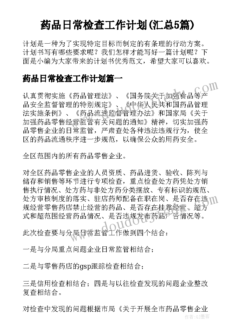 药品日常检查工作计划(汇总5篇)