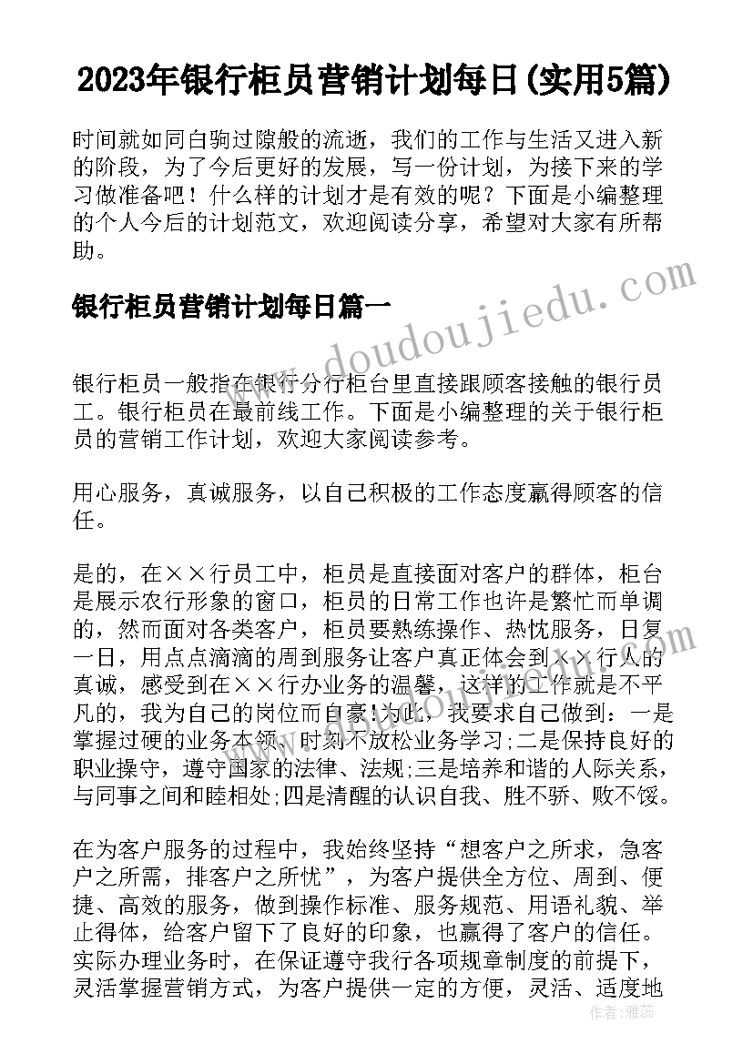 2023年银行柜员营销计划每日(实用5篇)