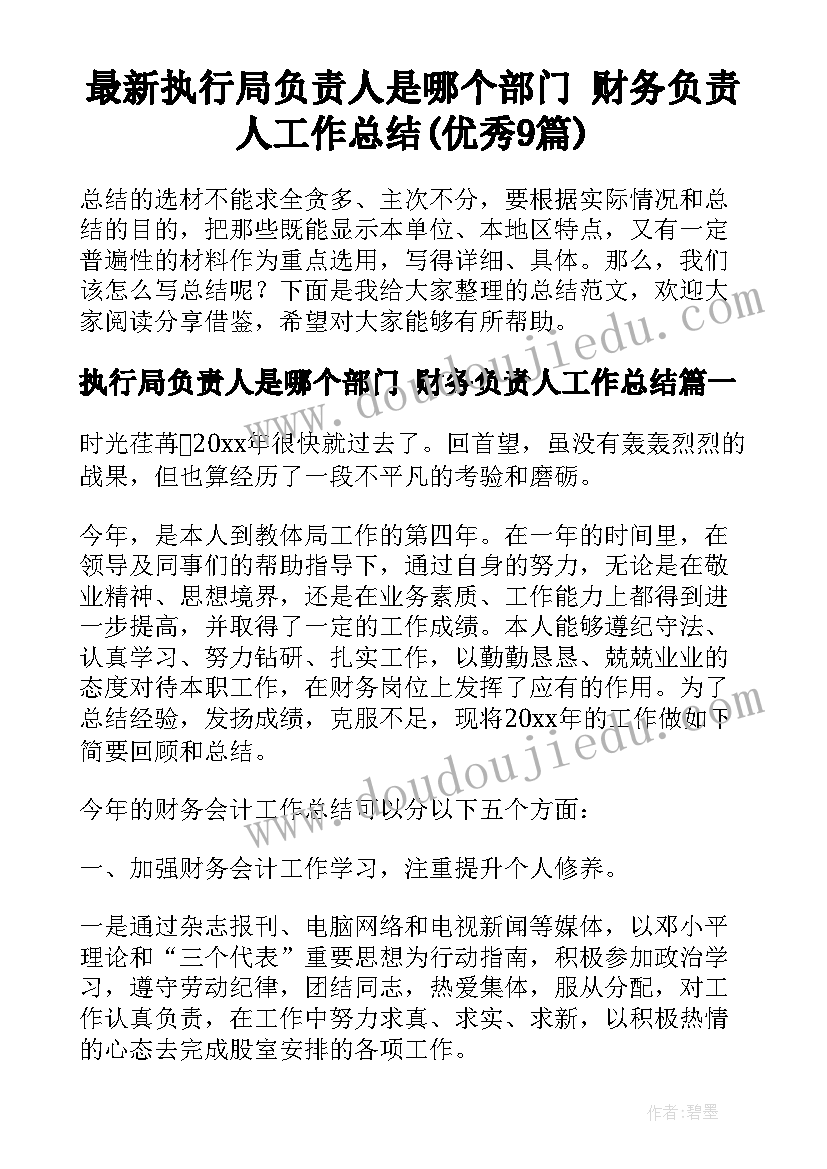 最新执行局负责人是哪个部门 财务负责人工作总结(优秀9篇)