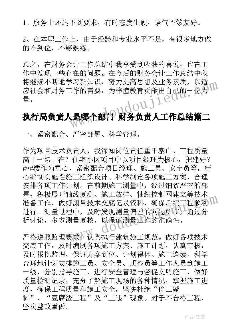 最新执行局负责人是哪个部门 财务负责人工作总结(优秀9篇)