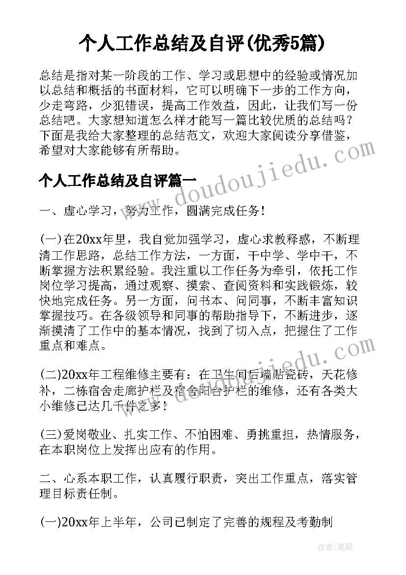 个人工作总结及自评(优秀5篇)