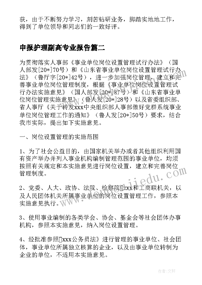 申报护理副高专业报告(大全10篇)