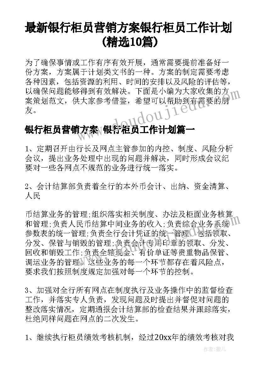 最新银行柜员营销方案 银行柜员工作计划(精选10篇)