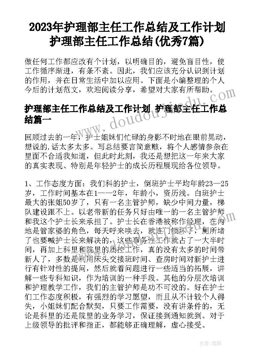 2023年护理部主任工作总结及工作计划 护理部主任工作总结(优秀7篇)