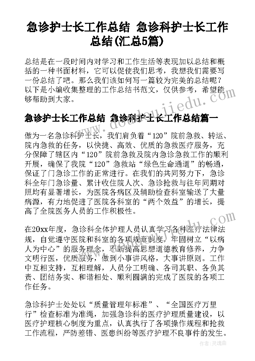 急诊护士长工作总结 急诊科护士长工作总结(汇总5篇)