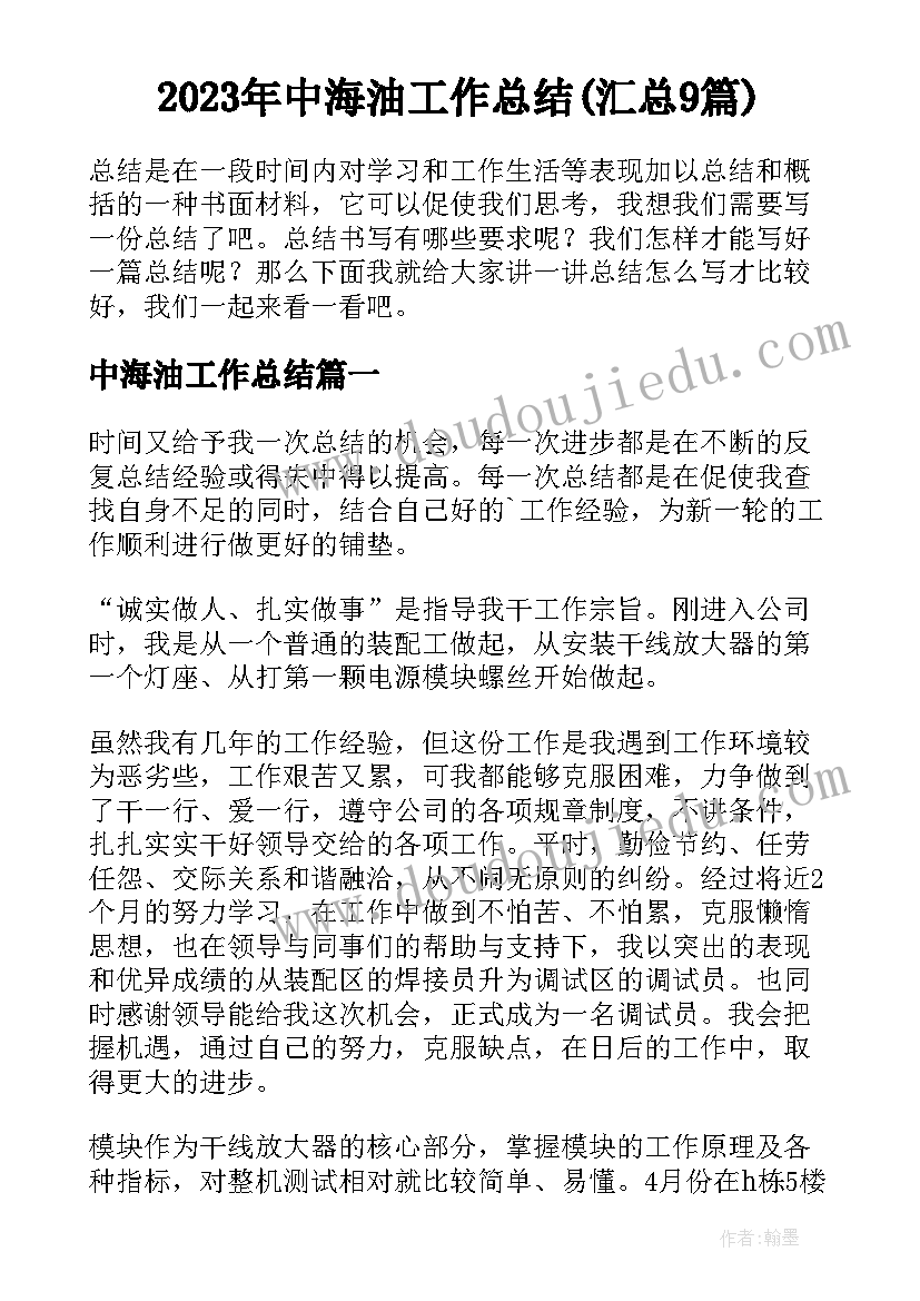 2023年中海油工作总结(汇总9篇)